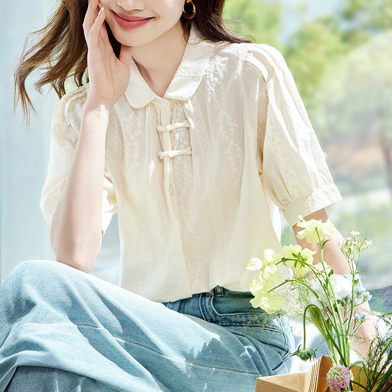 Women's Apricot Embroidered Long-Sleeve Cotton Shirt