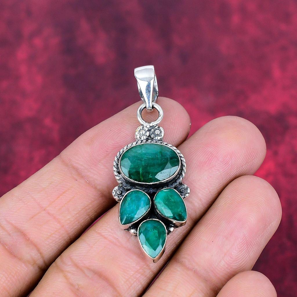 Подвеска с изумрудом, 925 пробы серебряная подвеска с драгоценными камнями, подвеска ручной работы, изумительное украшение, подарок для нее