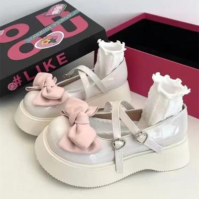 Туфли в стиле «лолита» Kawaii Bowknot White, женские туфли на плоской подошве с пряжкой в форме сердца, женские туфли Мэри Джейн в японском стиле из лакированной кожи Jk