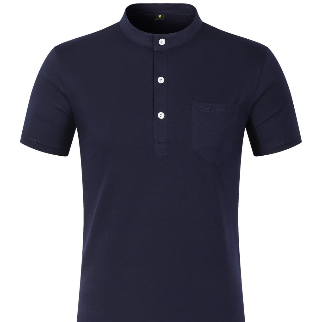 Новая мужская повседневная рубашка-поло с карманами, V-образным вырезом и пуговицами, деловая однотонная универсальная футболка с коротким рукавом