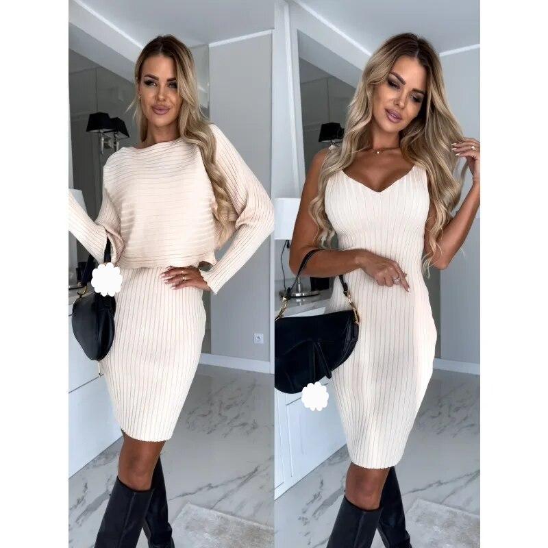 Модные осенние элегантные трикотажные женские комплекты платьев, зимние однотонные платья из двух частей с длинными рукавами, зимние сексуальные вечерние платья из 2 предметов 30462
