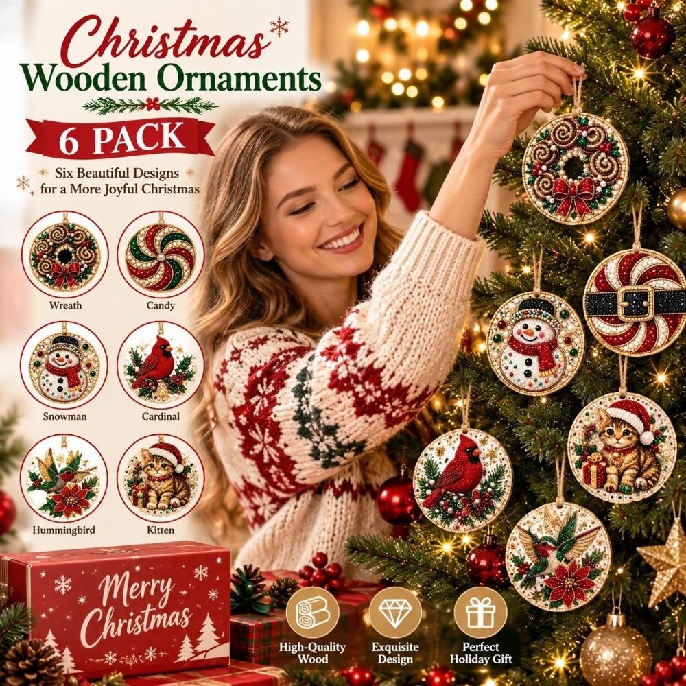 6pcs DIY Craft Wooden Christmas Ornaments Santa Xmas Tree Hanging Ornament Christmas Theme