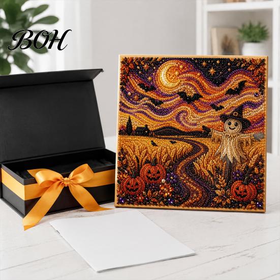 Fall Holiday Decoration Halloween Faux Pearl Art DIY Kit, 3D Bead Embroidery Craft Set, Spooky Handmade Ghost Pumpkin Goat Witch Wall Art, Seasonal