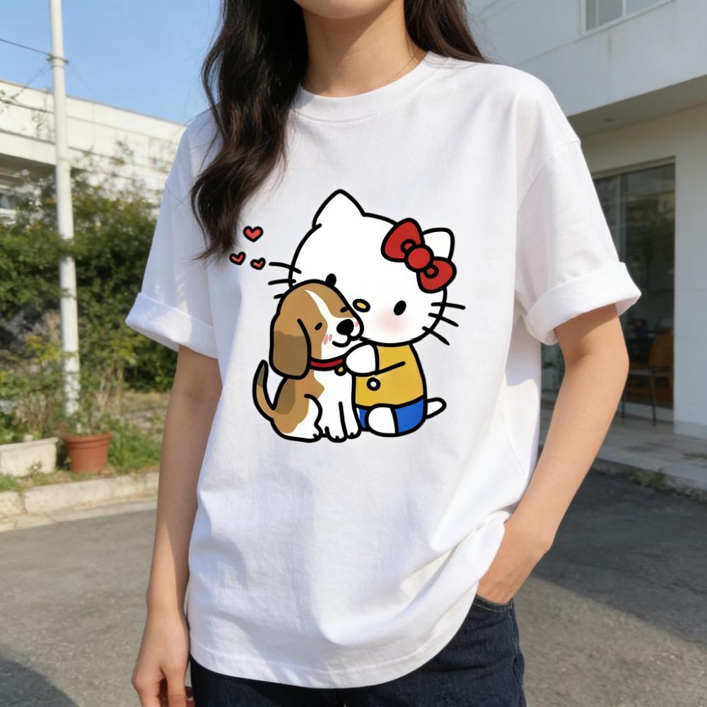2026 Summer Hello Kitty Cartoon Printed Short Sleeve Pure Cotton Tshirts Womens Family Matching Outfits Versatile Y2k Tops Tee