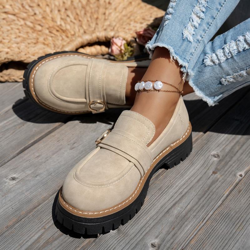 Fashion Women's Block Heel Loafers Autumn New Round Toe Deep Mouth Metal Buckle Platform Non-Slip Kitten Heels