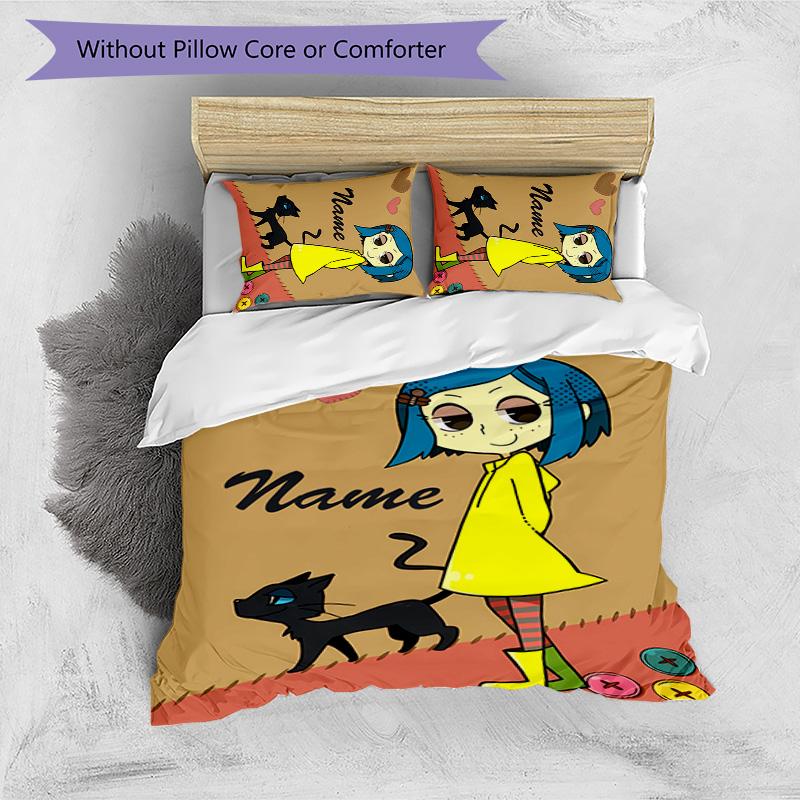 3pcs Coraline1 Cover Set - Personalized Name, HD Printed Bedding with 1 Cover and 2 Pillowcases - Perfect for Home Decor, Easy Care