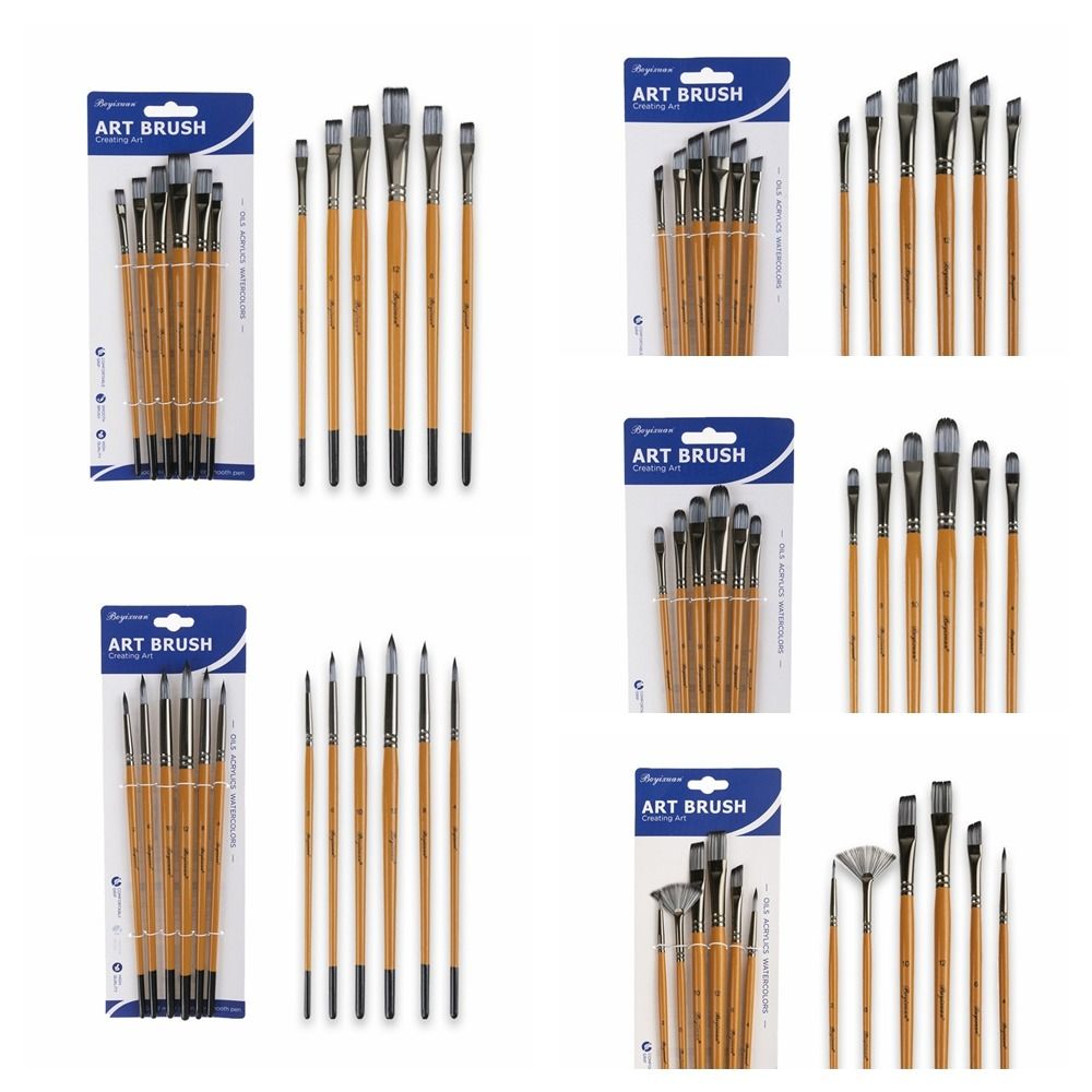Wooden Handle Acrylic Oil Brushes Round Head Art Paint Brushes 6pcs/set Art Supplies Artist
