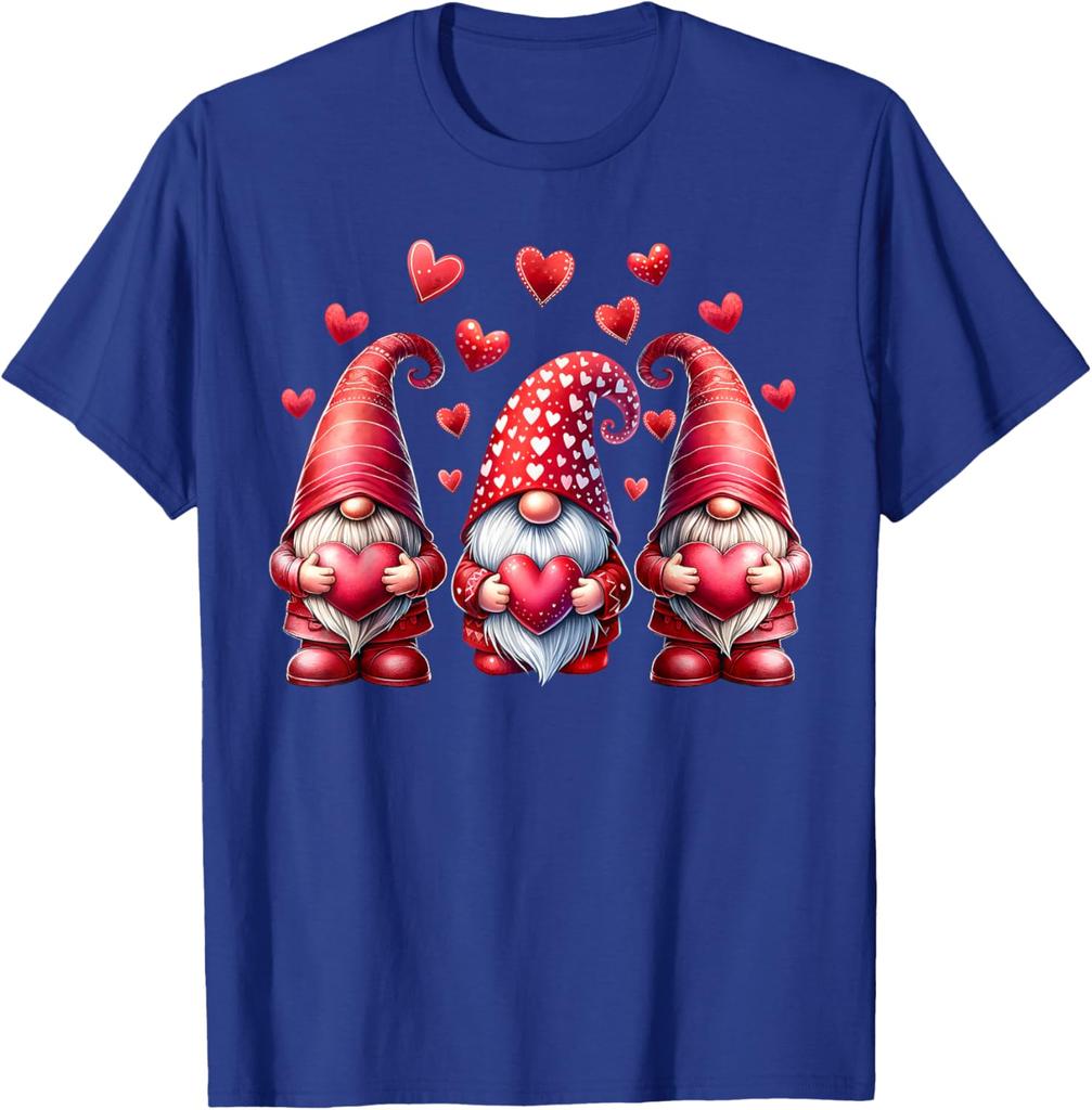 Pink Valentine Gnomes with Hearts Graphic Print Cotton T-Shirt Casual Daily Tee for Women Men