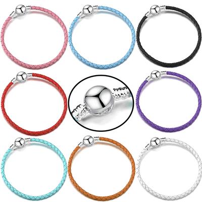 Серебряная круглая застежка Кожаная цепочка Шарм-браслет DIY Бусины Браслет Для женщин Мужчин Подарок Ювелирные аксессуары