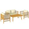 Garden Furniture Set Wood Seating Group for 4 People with 2-Seater Sofa 2 Armchairs Table Rope Weave Slat Design Washable Cushions