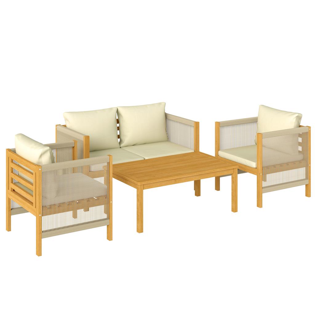 Garden Furniture Set Wood Seating Group for 4 People with 2-Seater Sofa 2 Armchairs Table Rope Weave Slat Design Washable Cushions