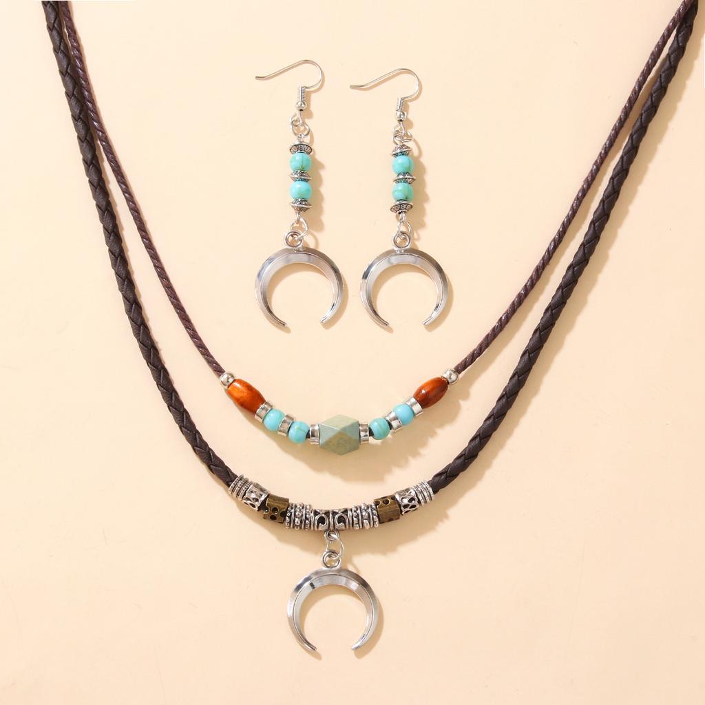 Trendy Five Leaf Clover Beaded Necklace And Earrings Set With Braided Wax Cord Pendant For Casual Everyday Wear
