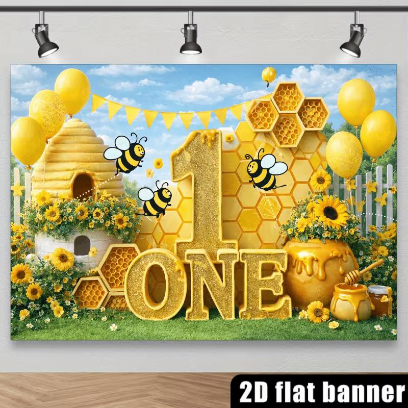 2D Bee and Honey Themed First Birthday Backdrop Photo Background Banner