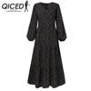 QICED Женское мини-платье макси с оборками и цветочным принтом, повседневные платья с длинным рукавом и V-образным вырезом