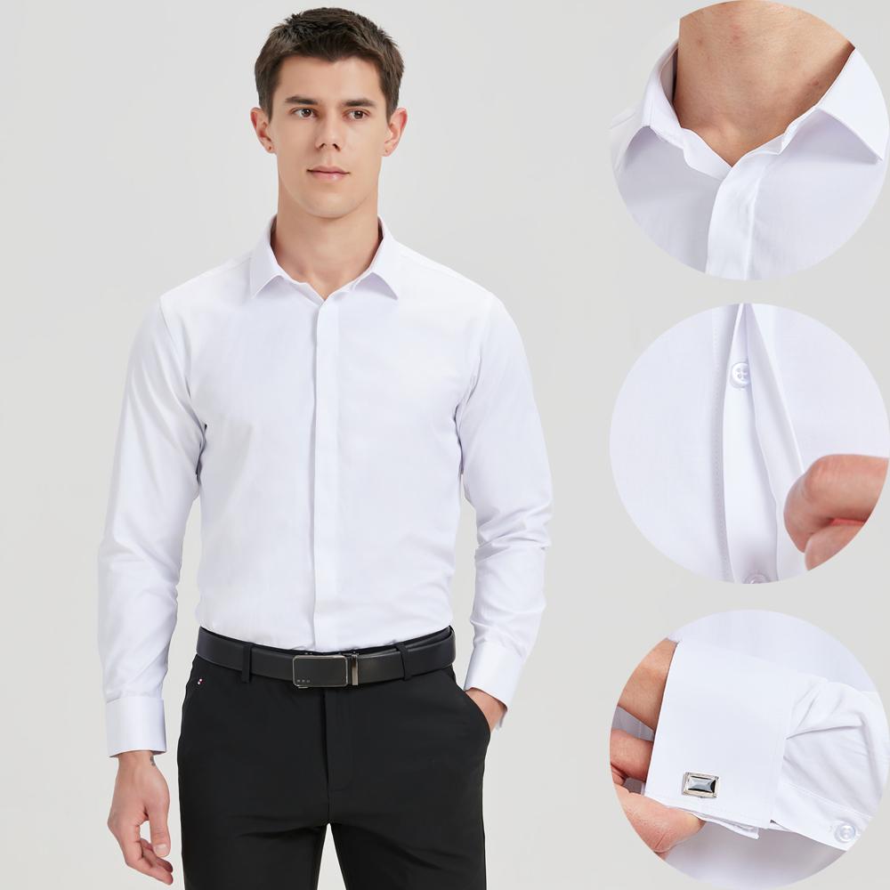 Мужская однотонная рубашка с французскими манжетами и длинным рукавом ( Бесплатный подарок: Случайные металлические запонки), Планка со скрытыми пуговицами спереди, официальные мероприятия и вечеринки