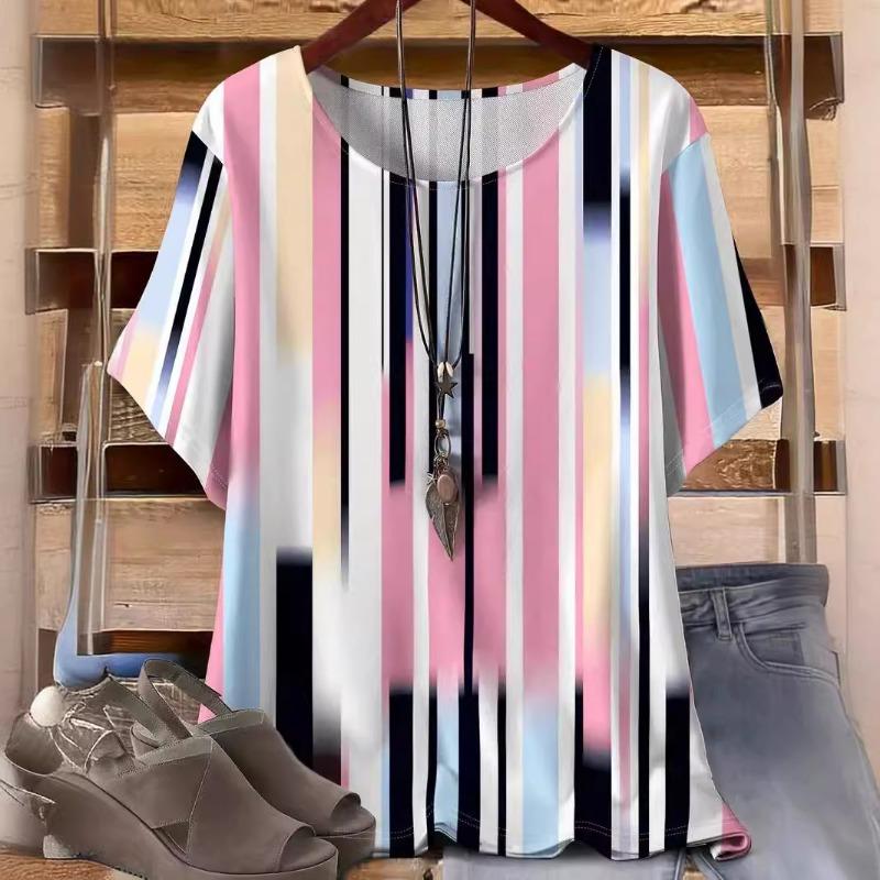 Плюс размер Лето Новый Модный Свободный 3D Печатный Полосатый Топ Для Похудения Футболка С Короткими Рукавами