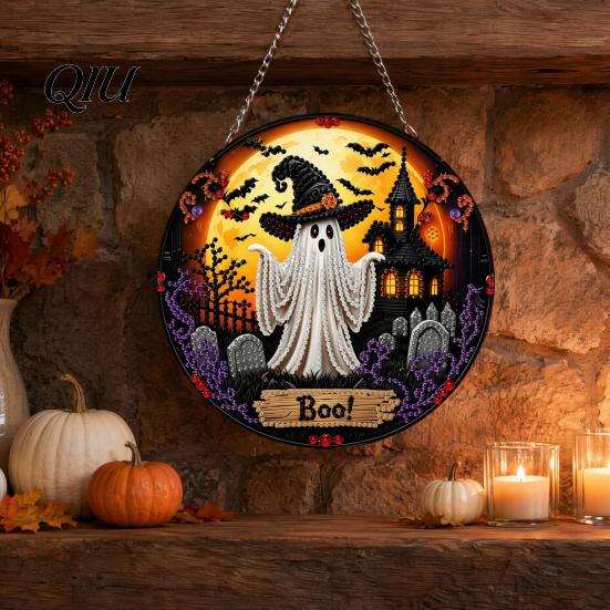 Decorative Halloween Wall Art Black Cat Moon Rhinestone Painting Kit, Faceted Faux Crystal Hanging Decor, DIY Pendant Craft Window Decor for