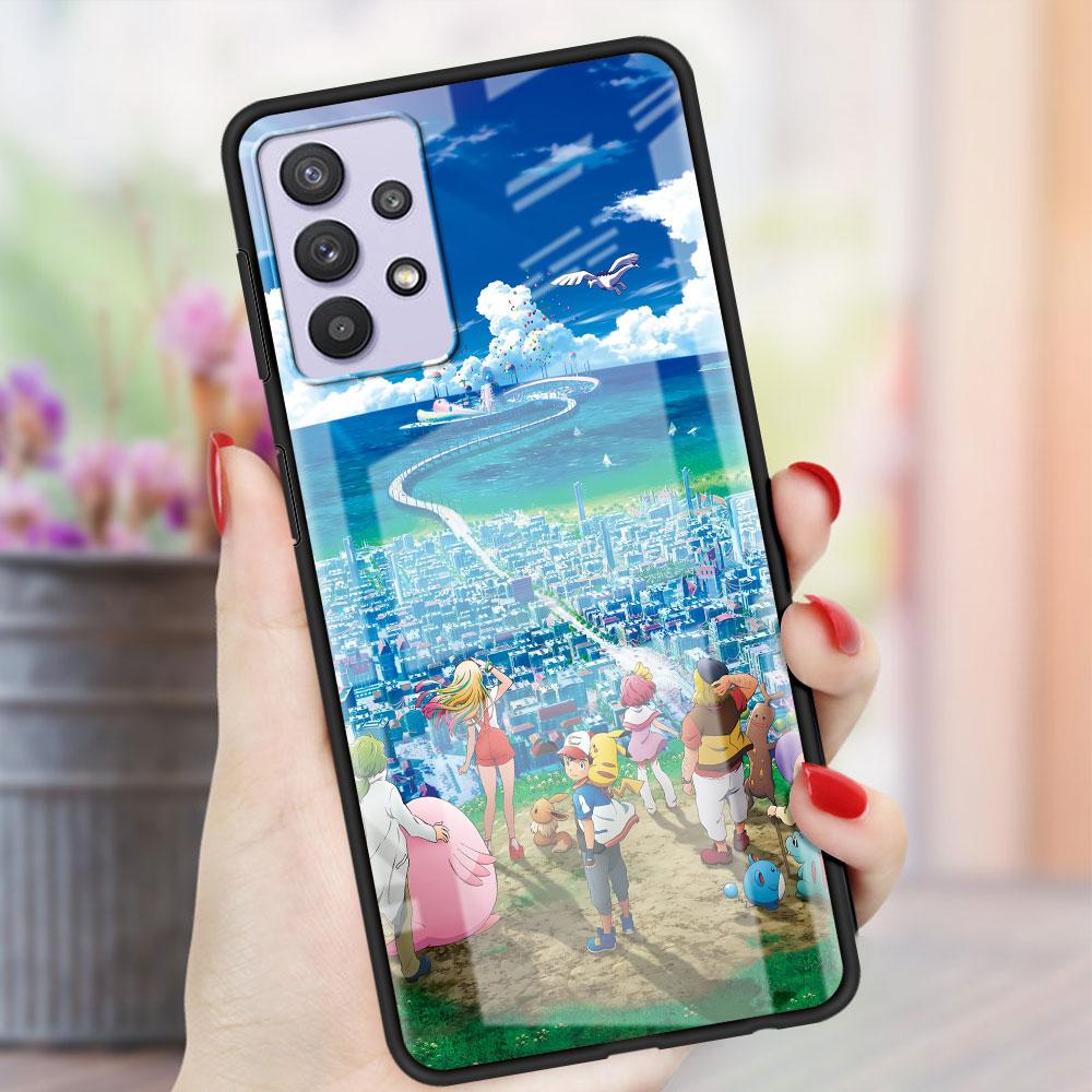 Стеклянный чехол для Samsung Galaxy A52 A51 A71 A50 A21s A12 A70 A31 A53 A72 A32 A13 A41 A30 A10 A23, чехол для телефона с милым Пикачу и покемоном