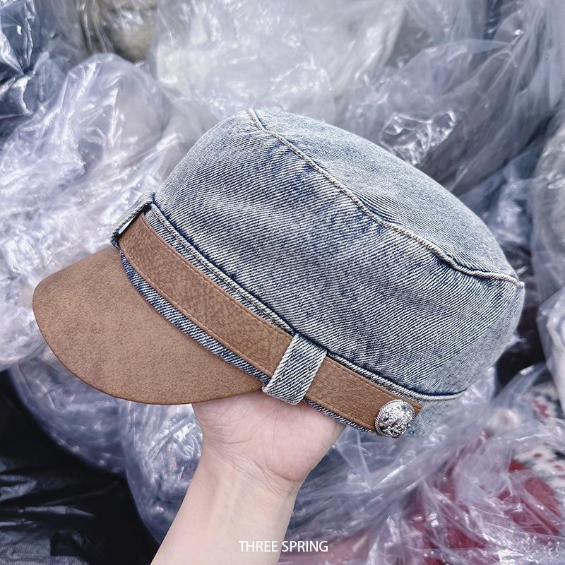 Autumn and winter new washed leather denim newsboy hat women's big head circumference showing face little knight hat