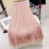 Fashionable Heavy Beading Mesh Skirt Women's High-waisted Maxi A-line Skirts