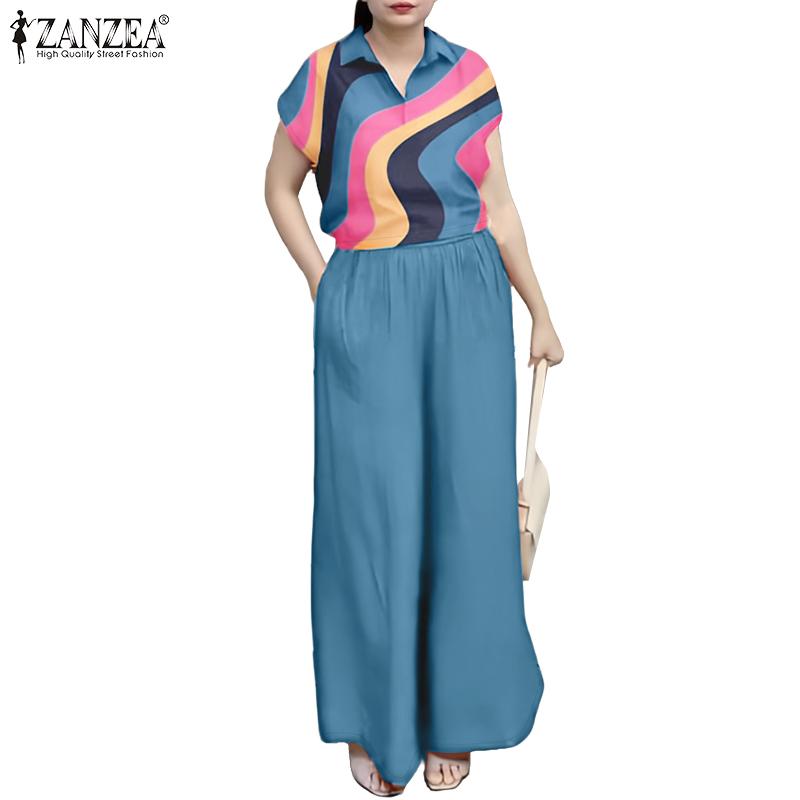 ZANZEA Women Print Blouse and Pants Summer Two Piece Suit Sets