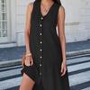 Летнее платье с V-образным вырезом без рукавов однобортное однотонное мини-платье однотонное свободное женское платье