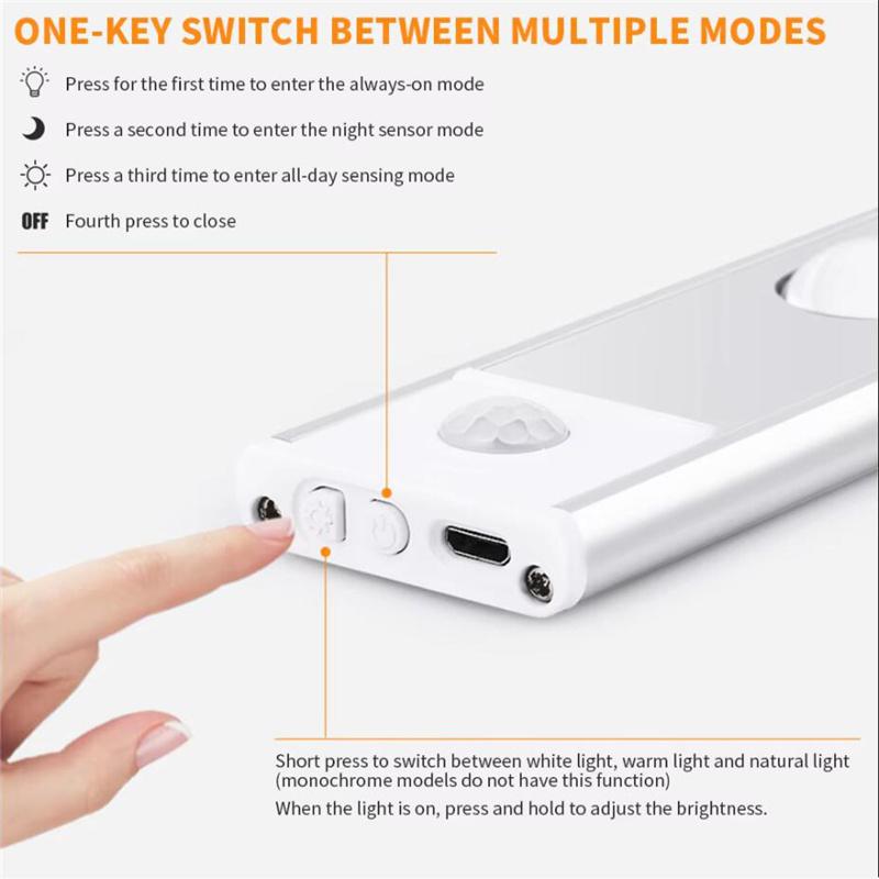 Ультратонкий датчик движения, перезаряжаемый подсветка под шкафом, USB светодиодная лампа для кухни, шкафа, спальни, гардероба, внутренняя световая полоса