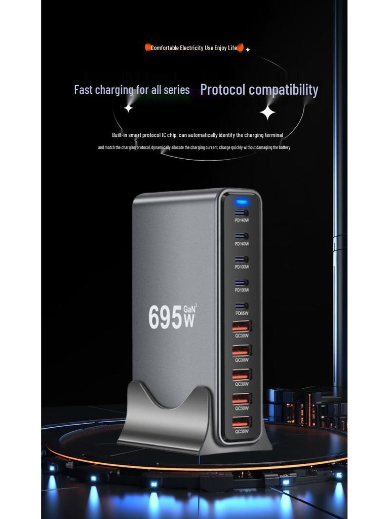 Десятипортовый GaN-зарядник 5C5A PD140W: Высокомощная быстрая зарядка нескольких устройств с совместимостью с EU/US/UK/AU