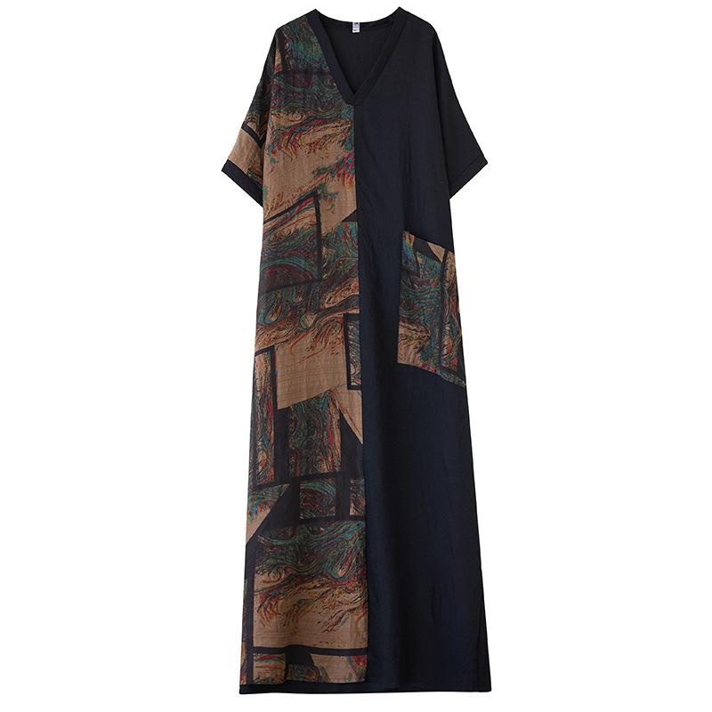 Летнее свободное женское платье из хлопка и льна с принтом и V-образным вырезом