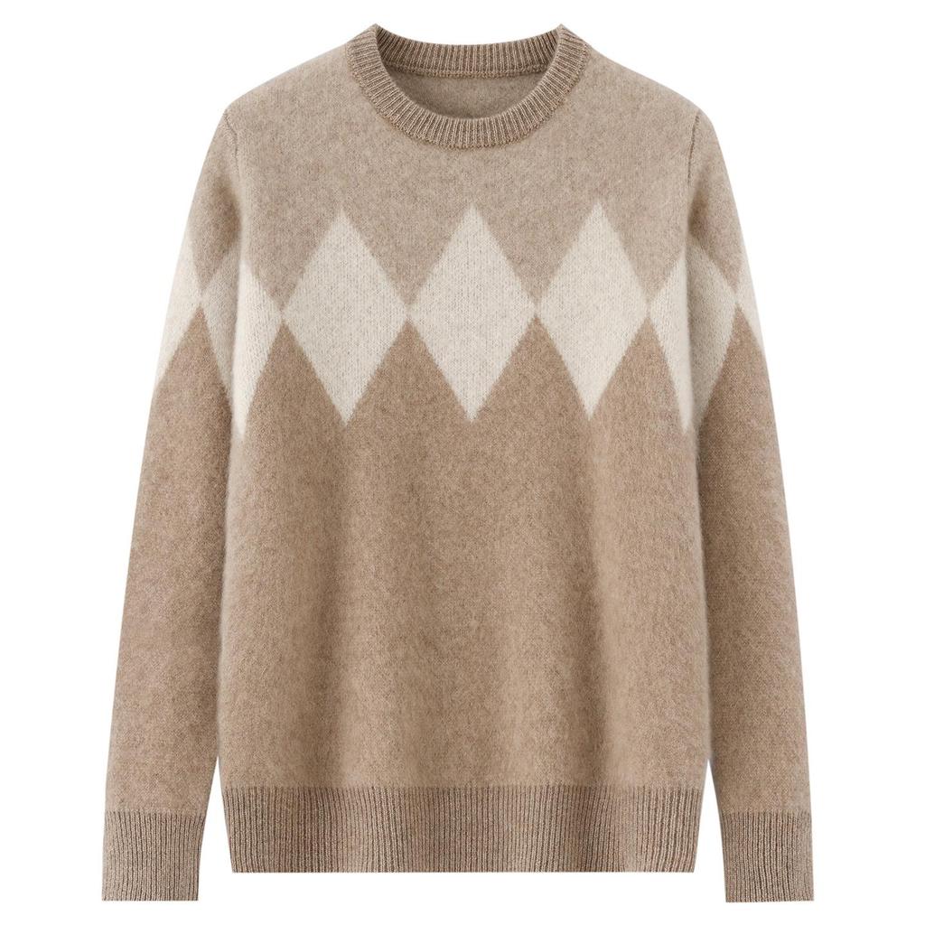 Men's Color Block Wool Sweater: Round Neck, Thick, Simple Design, 100% Pure Cashmere, Perfect for Autumn/Winter.