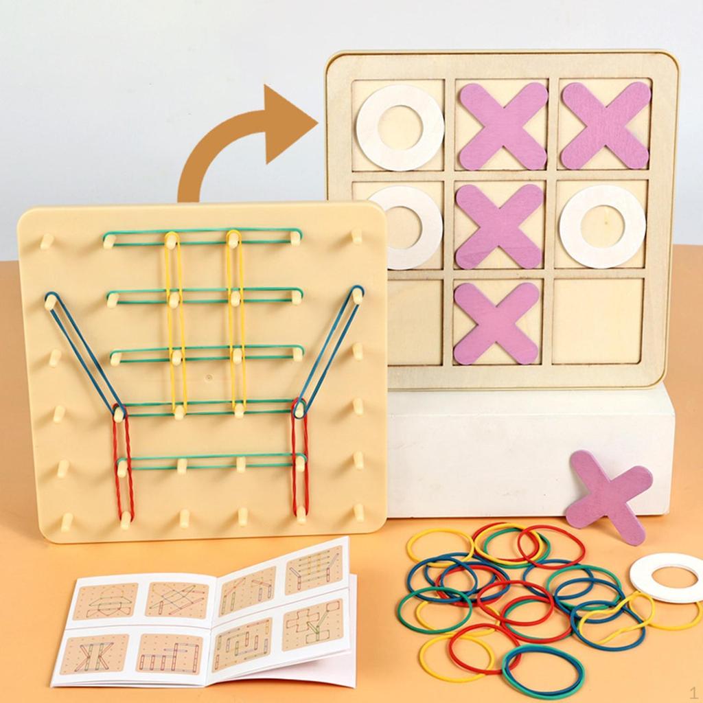 2 In 1 Wooden Geoboard and TAC Toe Game Board Educational Toy Fun Family Games for Table