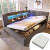 Upholstered Double Bed 140x200 Cm, LED Lighting, Hydraulic Storage, L-Shaped Headboard Storage, Both Sides, Slatted, Linen, Grey (With Mattress)
