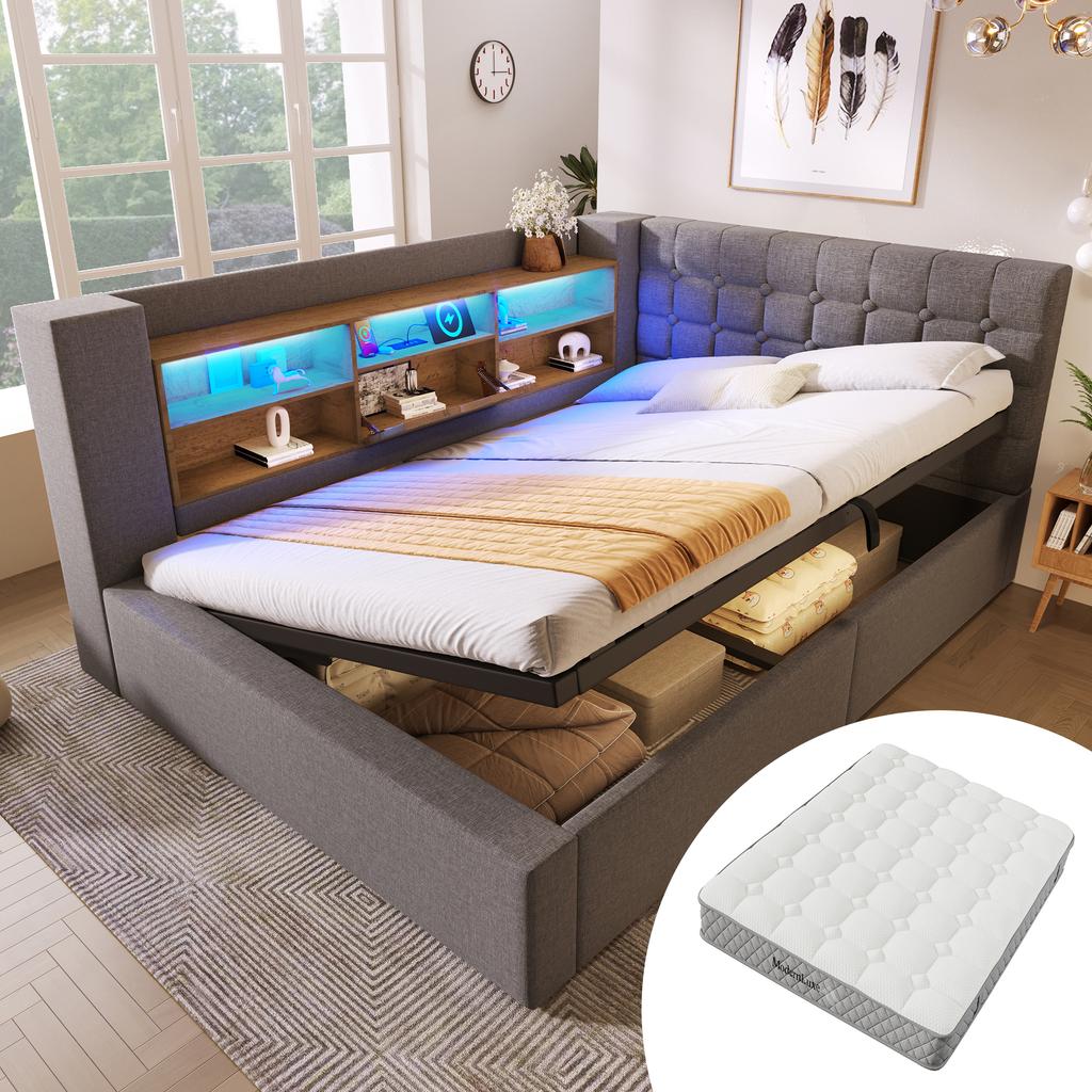 Upholstered Double Bed 140x200 cm, LED Lighting, Hydraulic Storage, L-Shaped Headboard Storage, Both Sides, Slatted, Linen, Grey (With Mattress)