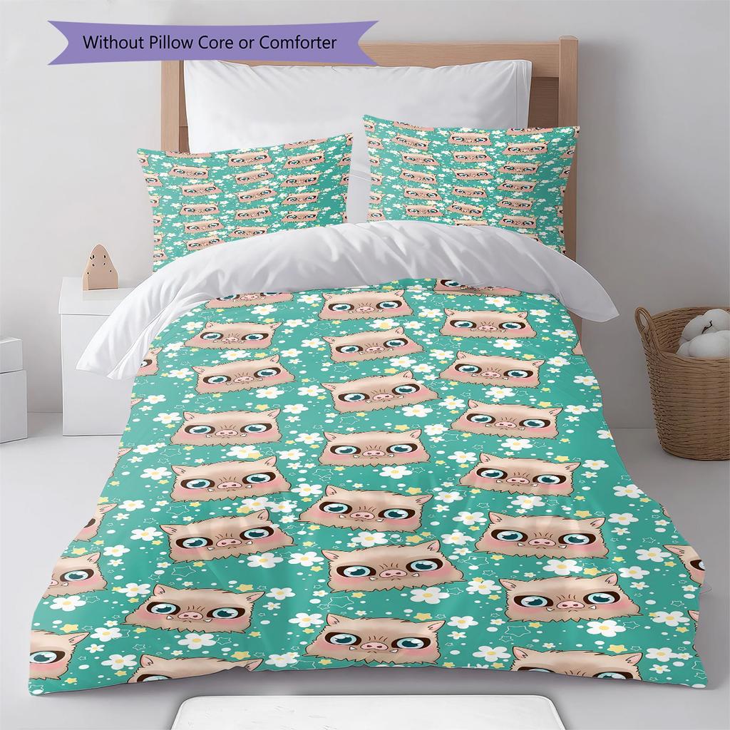 Demon Slayer Art Pattern Bedding Quilt Set Quilt Cover Pillowcase Home Birthday Gift(1 * duvet cover + 2 * pillowcase, without core)