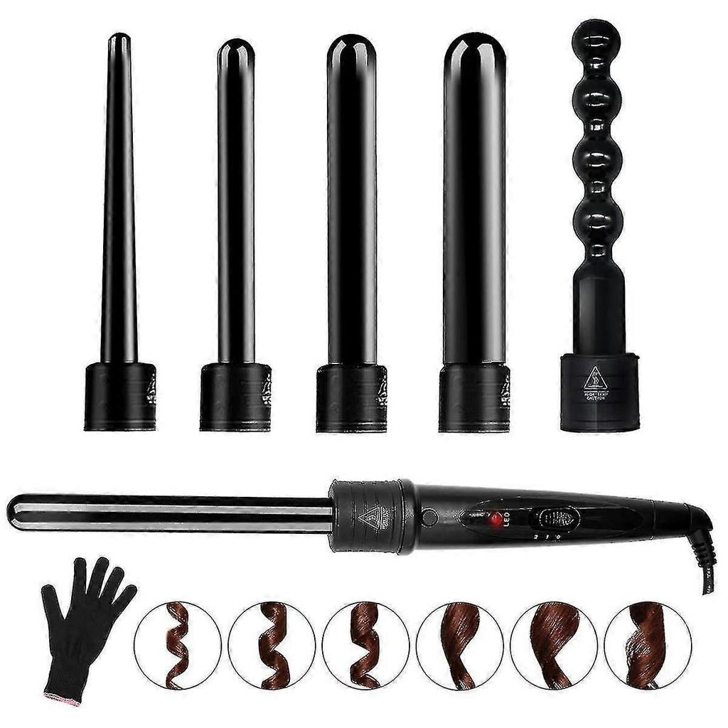 6 In 1 Curling Iron Wand Set With 6 Interchangeable Ceramic Barrels And Heat Protective Glove (black-6in1) A