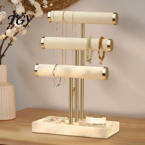Velvet Jewelry Rack 3 Tier Organizer, T-shaped Holder for Bracelet, Dressing Table Necklaces Rings, & Earrings, Stand with Storage Tray Decorative