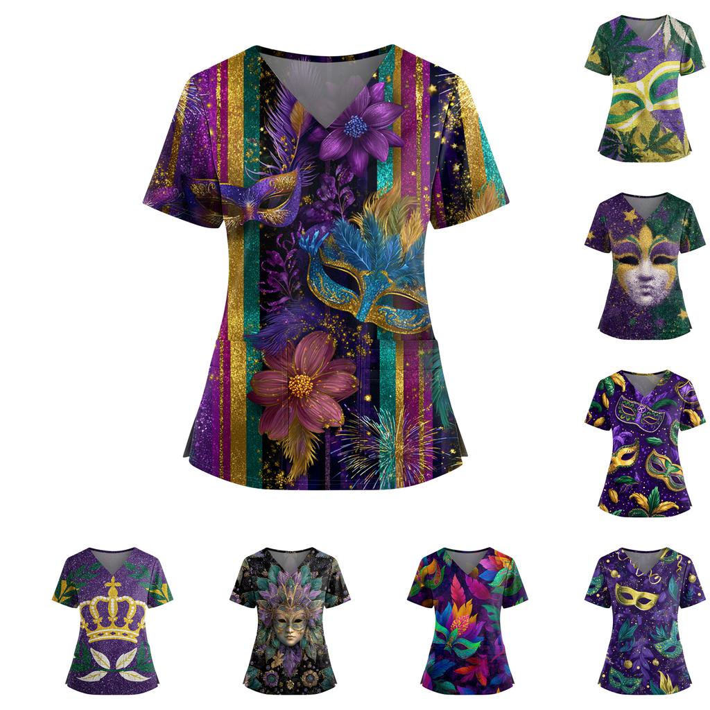 Женская футболка для сиделки с принтом, V-образным вырезом, двумя карманами, короткими рукавами, разрезом по подолу, униформа для сиделки