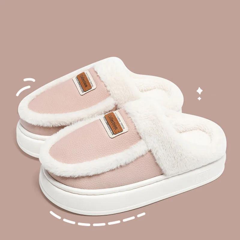 Зимние женские домашние тапочки, модные кожаные плюшевые тапочки на платформе с шитьем, домашняя хлопковая обувь, флисовые теплые домашние тапочки