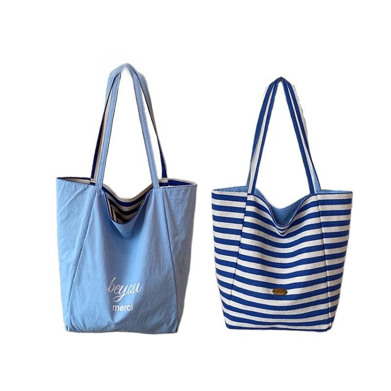 Модные полосатые двусторонние холщовые женские сумки через плечо, повседневные, большой вместимости, женские сумки, летняя новая пляжная дорожная свободная ленивая большая сумка-тоут