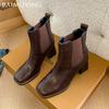 Square Toe Chunky Women Ankle Boots Leather High Heels Retro Elegant Shoes 2025 Trend Winter Designer Classic Pumps Botas Mujer