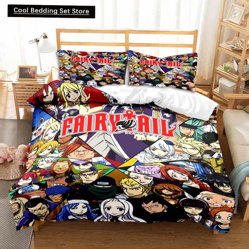 3D Anime Fairy Tail Bedding Set Bed Three-piece Set Duvet Cover Single Double Bed Queen Size Duvet Cover Set Adult Kid's Bedroom