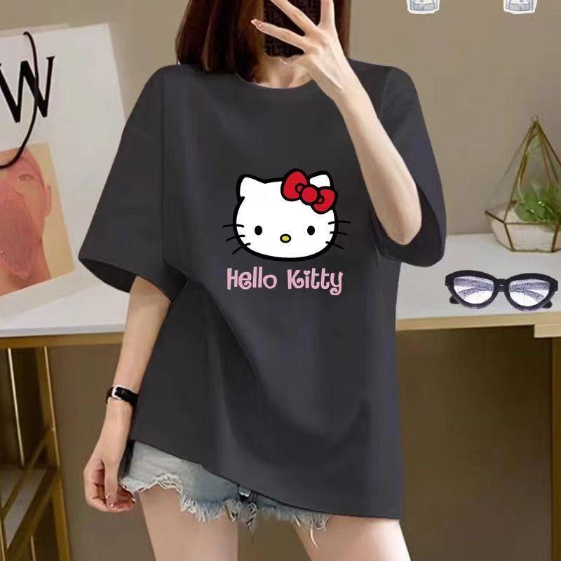 Sanrios 2026Summer New Collection HelloKitty Cartoon Print Pure Cotton Fitting Breathable Womens ShortSleeved TShirt