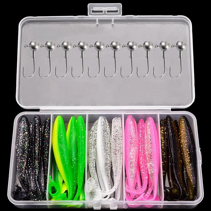 35 шт. Бионическая мягкая приманка с Т-образным хвостом - крэнк, джиг-головка, крючок - для пресноводной и морской рыбалки - силиконовая приманка с блестками