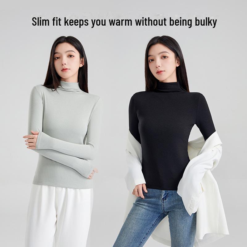 Wool Mid-Neck Slim Fit Women's Long-Sleeve Top, Versatile Autumn/Winter Layering, Warm & Cozy