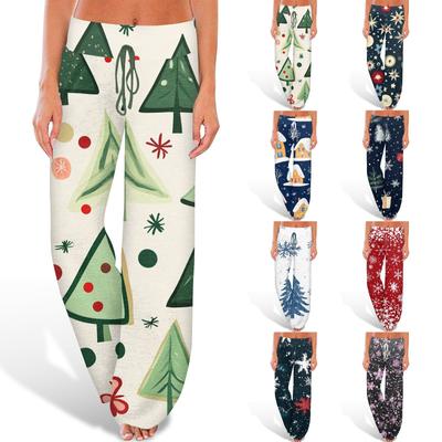 Женские удобные брюки-слип с рождественским принтом, широкие брюки на шнурке, повседневные брюки