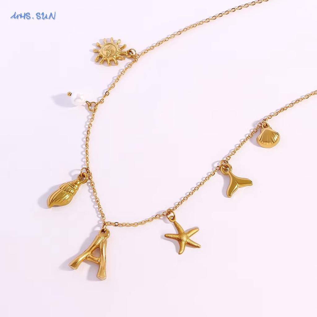 MHS.SUN Starfish Shell Initial Necklace Waterproof 18K Gold Plated Stainless Steel Charm Necklaces Surfer Girl Summer Beach Gift