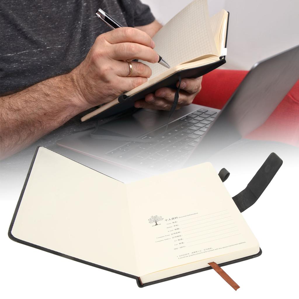 Notebook PU Lther Cover Ribbon Bookmark Ink Proof Thick Paper Ruled Paper Notebook with Pen for Travel
