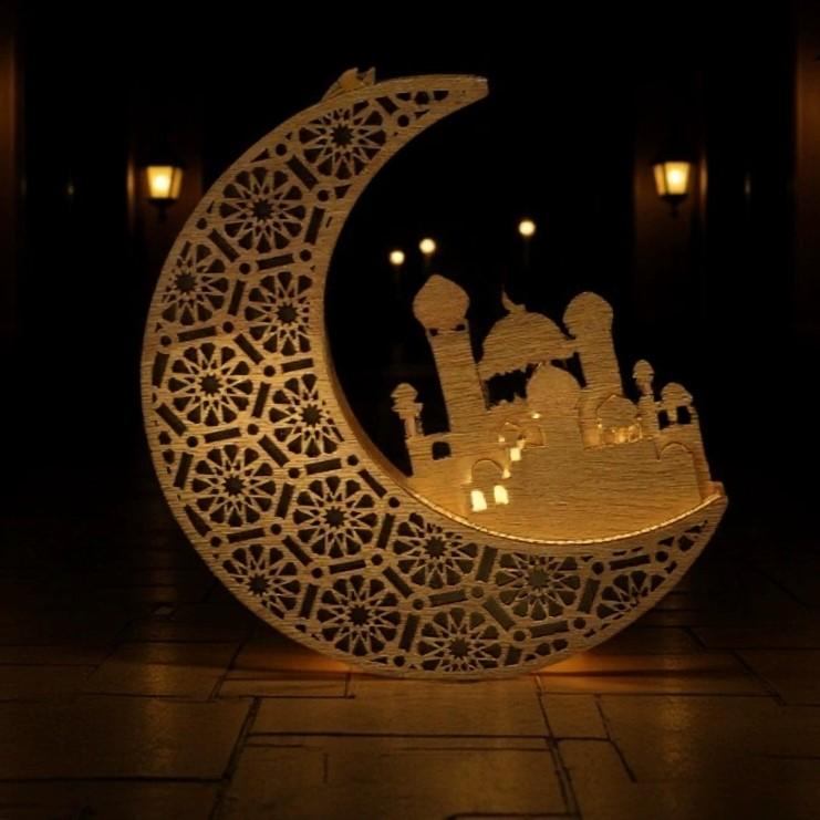 Muslim Ramadan Wooden LED Light Pendant Eid Wall Hanging Moon Castle Ornaments for Islam Party Decoration LED Lighting Ideal