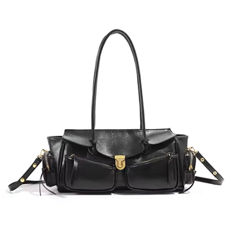 Y2K Style Large Bowling Bag Chic Boston Handbag Solid Color Motorcycle Crossbody Shoulder Bag Women's Vintage Underarm Bag