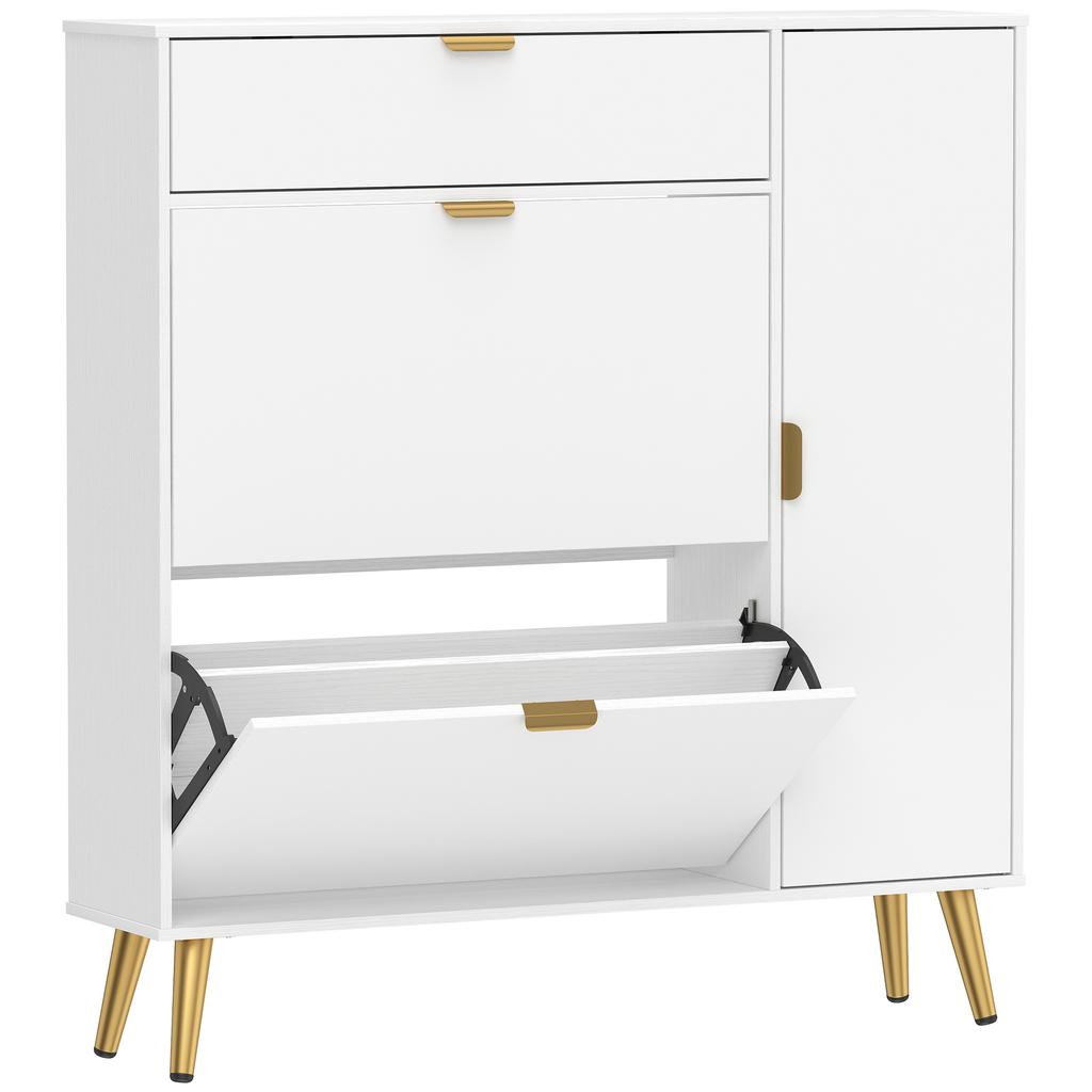 Slim Shoe Rack, Hinged Doors, Adjustable Shelves, Holds 12 Pairs, White